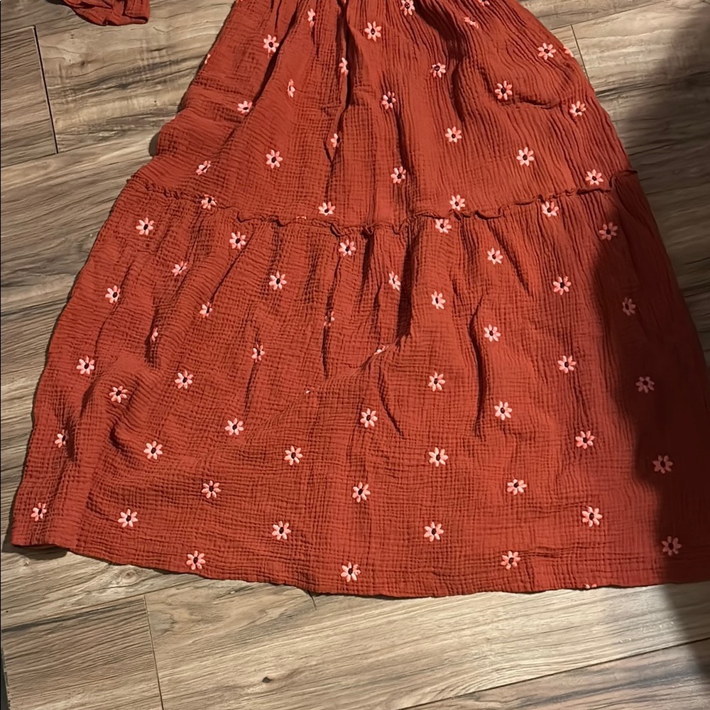 Rust Smocked Maxi Dress with Floral Embroidery - Picture 2 of 5